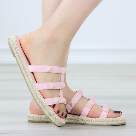 Light Pink Studded Espadrille Sandals Strappy Gladiator Style Casual Shoe - Picture 7 of 15